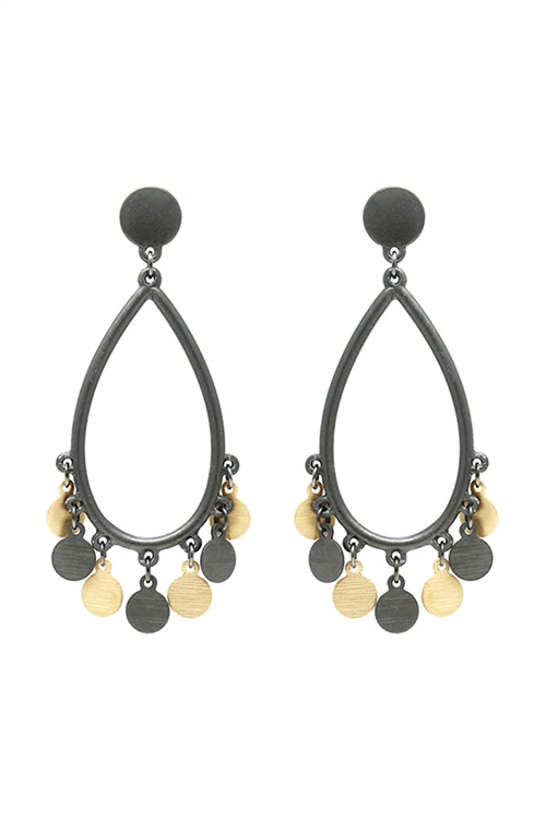 S5-4-4-HE2590HEMG - TEARDROP CHANDELIER DISK POST EARRINGS - HEMATITE MATTE GOLD/6PCS