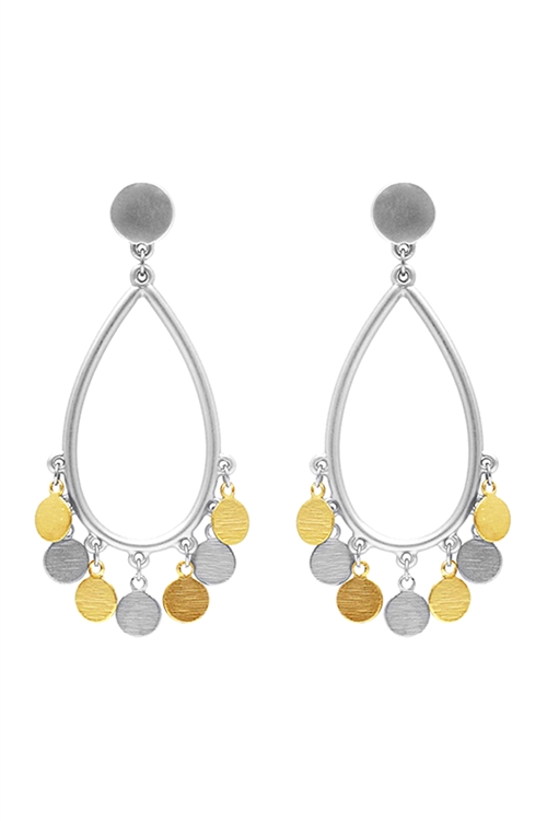 S7-5-4-HE2590MSMG - TEARDROP CHANDELIER DISK POST EARRINGS - MATTE SILVER MATTE GOLD/6PCS