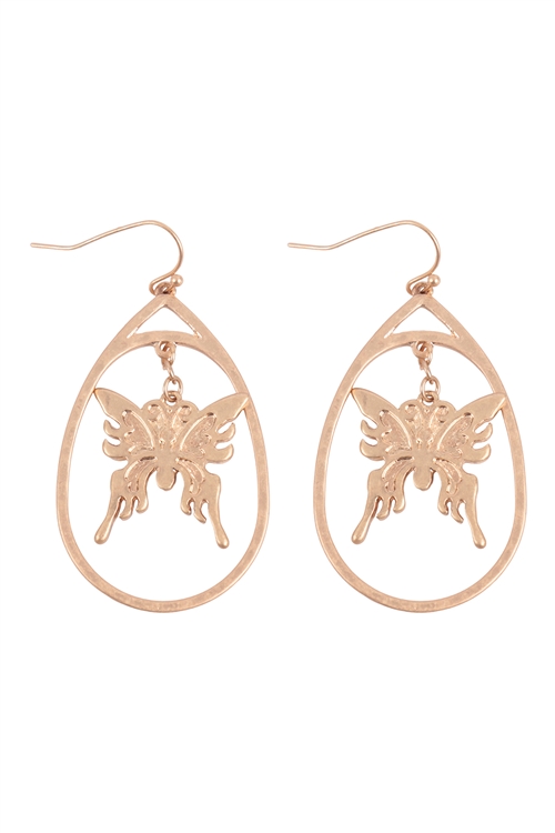 S1-4-3-HE2735WG - TEARDROP BUTTERFLY DANGLE FISH HOOK EARRINGS - MATTE GOLD/1PC