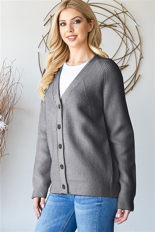 HM-DM2008-1-GY-LONG SLEEVE V NECK BUTTON DOWN CARDIGAN-GREY-3-3