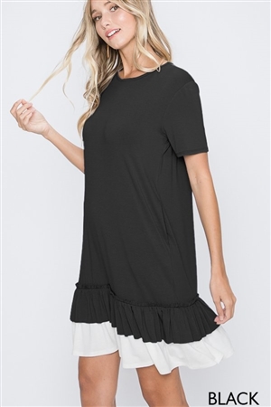 S35-1-1-HM-ED6108-10-BK - SOLID DRESS WITH RUFFLED AND SIDE POCKET- BLACK 2-2-2