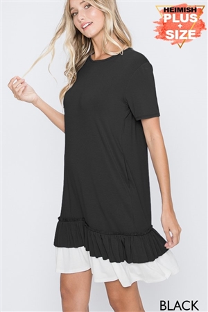 S35-1-1-HM-ED6108-10X-BK - PLUS SIZE SOLID DRESS WITH RUFFLED AND SIDE POCKET- BLACK 2-2-2