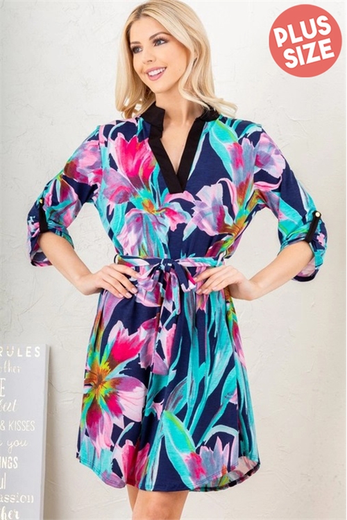 S35-1-1-HM-ED6111-11X-NV - PLUS SIZE FLORAL ROLL UP BUTTON SLEEVE MANDARIN COLLAR DRESS- NAVY 2-2-2