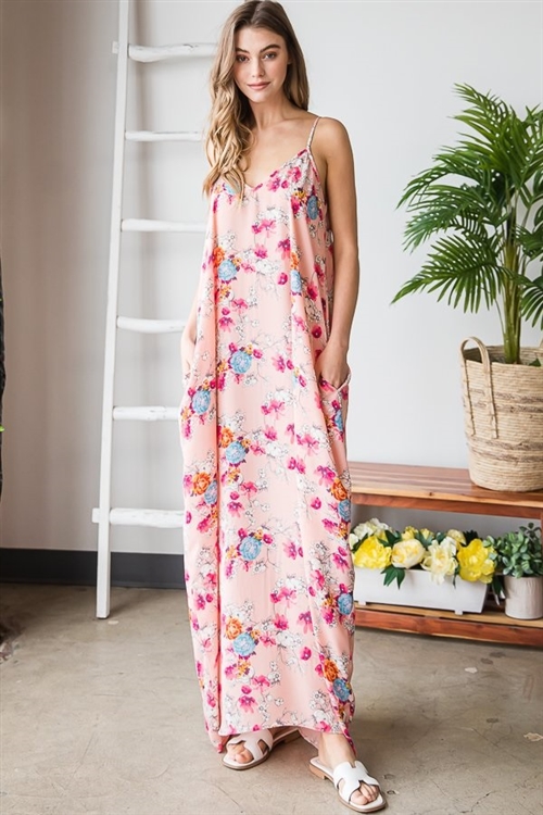 S35-1-1-HM-ED6700-22-DPKMLT - SLEEVELESS V NECK MULTI COLOR FLORAL PRINT MAXI DRESS WITH SIDE POCKET- DUSTY PINK/MULTI 2-2-2