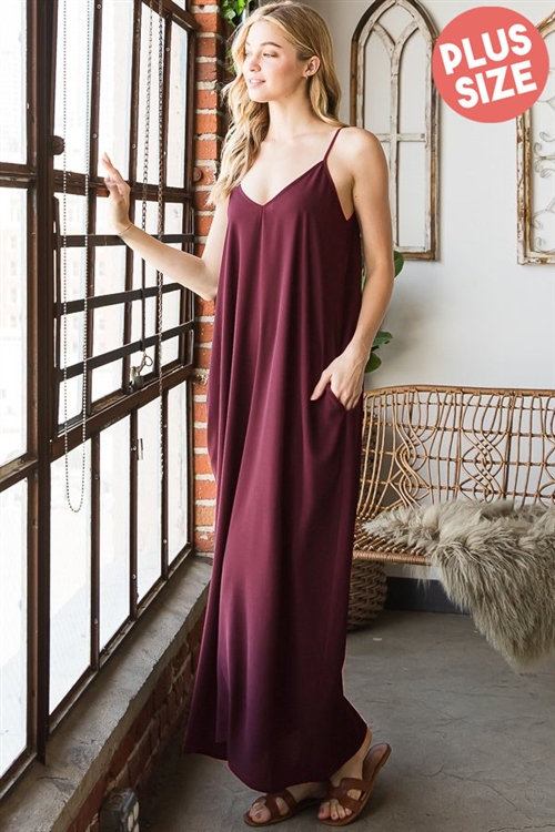 S35-1-1-HM-ED6700SX-BU - PLUS SIZE SLEEVELESS V NECK SOLID MAXI DRESS WITH SIDE POCKET- BURGUNDY 2-2-2