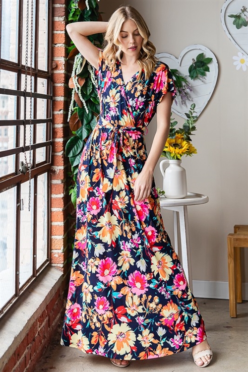 S35-1-1-HM-ED6724-12-NVMLT - V NECK FLORAL PRINT MAXI WRAP DRESS- NAVY MULTI 2-2-2