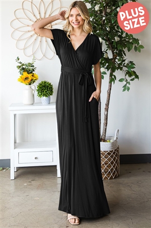 S35-1-1-HM-ED6724SX-BK - PLUS SIZE SHORT SLEEVE V NECK SOLID MAXI WRAP DRESS WITH SELF TIE DETAIL- BLACK 2-2-2