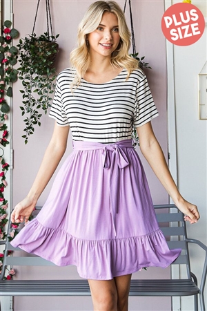 S35-1-1-HM-ED6729-10X-LLC - PLUS SIZE SOLID AND STRIPE PRINT CONTRAST MINI DRESS- LILAC 2-2-2