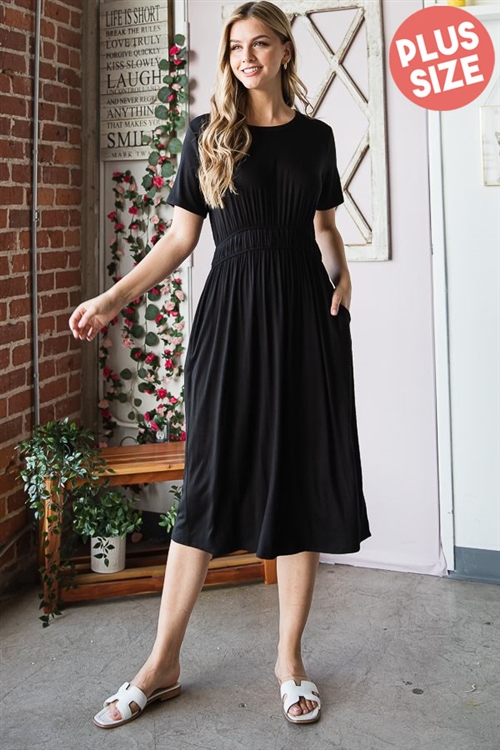 S35-1-1-HM-ED6746SX-BK - PLUS SIZE SOLID MIDI DRESS WITH SIDE POCKET- BLACK 2-2-2