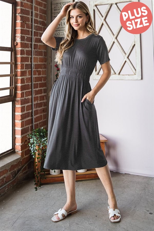S35-1-1-HM-ED6746SX-CH2T - PLUS SIZE SOLID MIDI DRESS WITH SIDE POCKET- CHARCOAL 2T 2-2-2