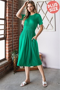 S35-1-1-HM-ED6746SX-KG - PLUS SIZE SOLID MIDI DRESS WITH SIDE POCKET- KELLY GREEN 2-2-2
