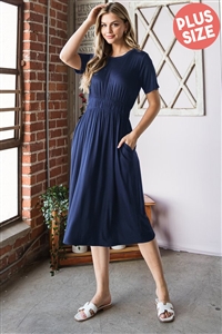 S35-1-1-HM-ED6746SX-NV - PLUS SIZE SOLID MIDI DRESS WITH SIDE POCKET- NAVY 2-2-2