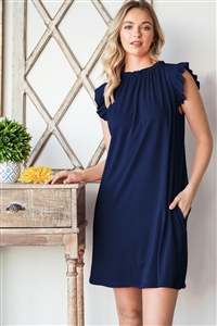S35-1-1-HM-ED6760-10-NV - BUTTERFLY SHORT SLEEVE RUFFLED SOLID MINI DRESS WITH SIDE POCKET- NAVY 2-2-2