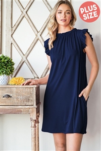 S35-1-1-HM-ED6760-10X-NV - PLUS SZIZE BUTTERFLY SHORT SLEEVE RUFFLED SOLID MINI DRESS WITH SIDE POCKET- NAVY 2-2-2