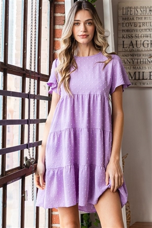 S35-1-1-HM-ED6768-10-LLC - BELL SHORT SLEEVE ROUND NECK SOLID SWISS DOT MINI TIERED DRESS- LILAC 2-2-2