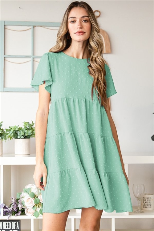 S35-1-1-HM-ED6768-10-SG - BELL SHORT SLEEVE ROUND NECK SOLID SWISS DOT MINI TIERED DRESS- SAGE 2-2-2