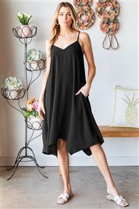 S35-1-1-HM-ED6782-11-BK - SLEEVELESS SPAGHETTI STRAP V NECK SOLID MIDI DRESS- BLACK 2-2-2