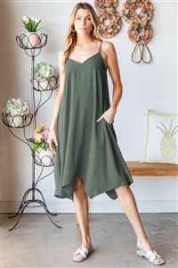 S35-1-1-HM-ED6782-11-DKSG - SLEEVELESS SPAGHETTI STRAP V NECK SOLID MIDI DRESS- DK SAGE 2-2-2