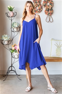 S35-1-1-HM-ED6782-11-RYL - SLEEVELESS SPAGHETTI STRAP V NECK SOLID MIDI DRESS- ROYAL 2-2-2