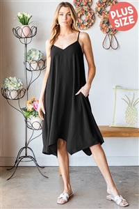 S35-1-1-HM-ED6782-11X-BK - PLUS SIZE SLEEVELESS SPAGHETTI STRAP V NECK SOLID MIDI DRESS- BLACK 2-2-2