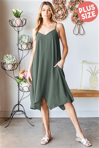 S35-1-1-HM-ED6782-11X-DKSG - PLUS SIZE SLEEVELESS SPAGHETTI STRAP V NECK SOLID MIDI DRESS- DK SAGE 2-2-2