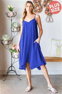 S35-1-1-HM-ED6782-11X-RYL - PLUS SIZE SLEEVELESS SPAGHETTI STRAP V NECK SOLID MIDI DRESS- ROYAL 2-2-2