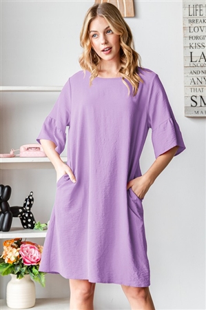 S35-1-1-HM-ED6784-10 RTS-LV - RUFFLED ROUND NECK SOLID MINI DRESS WITH KEYHOLE BACK AND SIDE POCKET- LAVENDER 2-2-2