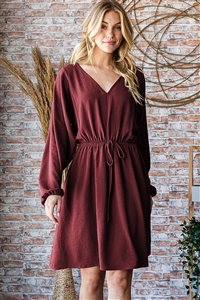 HM-ED6797-10-RDBR-LONG DOLMAN PUFF SLEEVE SOLID MINI DRESS W/ WAIST DRAWSTRING & SIDE POCKET DETAIL-RED BROWN-2-2-2