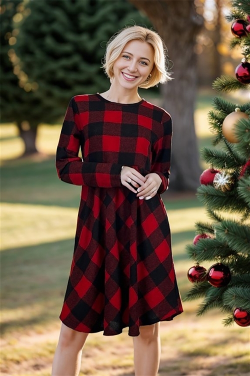 HM-ED6801-11-BKRD-LONG SLEEVE ROUND NECK PLAID PRINT MINI DRESS WITH SHIRRING DETAIL-BLACK/RED-2-2-2