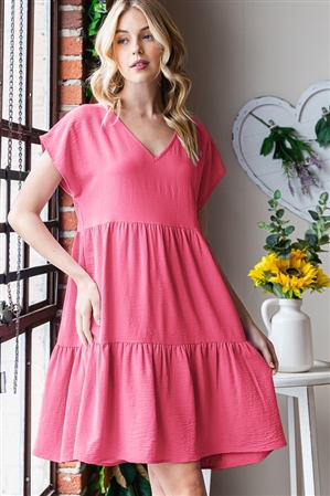 S35-1-1-HM-ED6803-10-PKCD - DOLMAN SHORT SLEEVE V NECK SOLID TIERED MINI DRESS- PINK CANDY 2-2-2