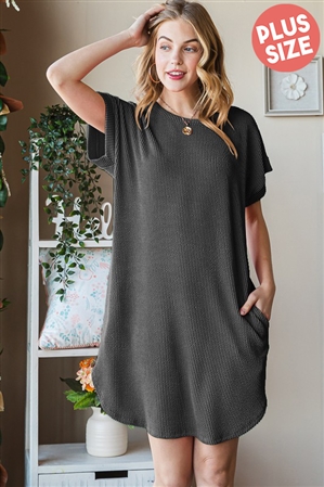 S35-1-1-HM-ED6807-10X-CH - PLUS SIZE SOLID URBAN RIBBED MINI DRESS WITH SIDE POCKET- CHARCOAL 2-2-2