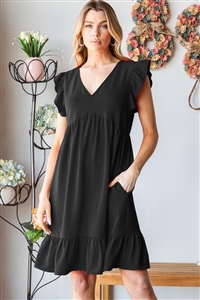 S35-1-1-HM-ED6811-10-BK - BUTTERFLY SHORT SLEEVE V NECK SOLID BABYDOLL DRESS WITH RUFFLED- BLACK 2-2-2