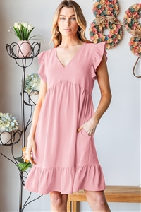 S35-1-1-HM-ED6811-10-PK - BUTTERFLY SHORT SLEEVE V NECK SOLID BABYDOLL DRESS WITH RUFFLED- PINK 2-2-2