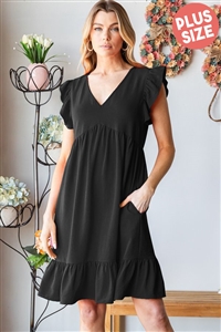 S35-1-1-HM-ED6811-10X-BK - PLUS SIZE BUTTERFLY SHORT SLEEVE V NECK SOLID BABYDOLL DRESS WITH RUFFLED- BLACK 2-2-2