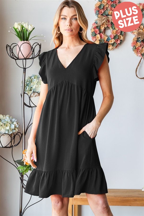 S35-1-1-HM-ED6811-10X-BK - PLUS SIZE BUTTERFLY SHORT SLEEVE V NECK SOLID BABYDOLL DRESS WITH RUFFLED- BLACK 2-2-2
