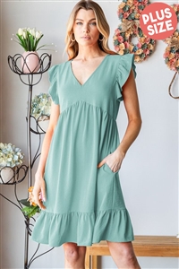 S35-1-1-HM-ED6811-10X-DMN - PLUS SIZE BUTTERFLY SHORT SLEEVE V NECK SOLID BABYDOLL DRESS WITH RUFFLED- DUSTY MINT 2-2-2