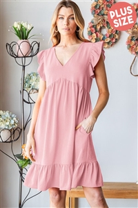 S35-1-1-HM-ED6811-10X-PK - PLUS SIZE BUTTERFLY SHORT SLEEVE V NECK SOLID BABYDOLL DRESS WITH RUFFLED- PINK 2-2-2