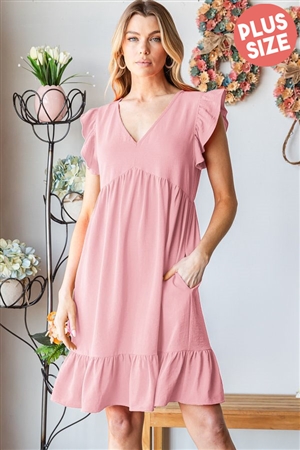 S35-1-1-HM-ED6811-10X-PK - PLUS SIZE BUTTERFLY SHORT SLEEVE V NECK SOLID BABYDOLL DRESS WITH RUFFLED- PINK 2-2-2