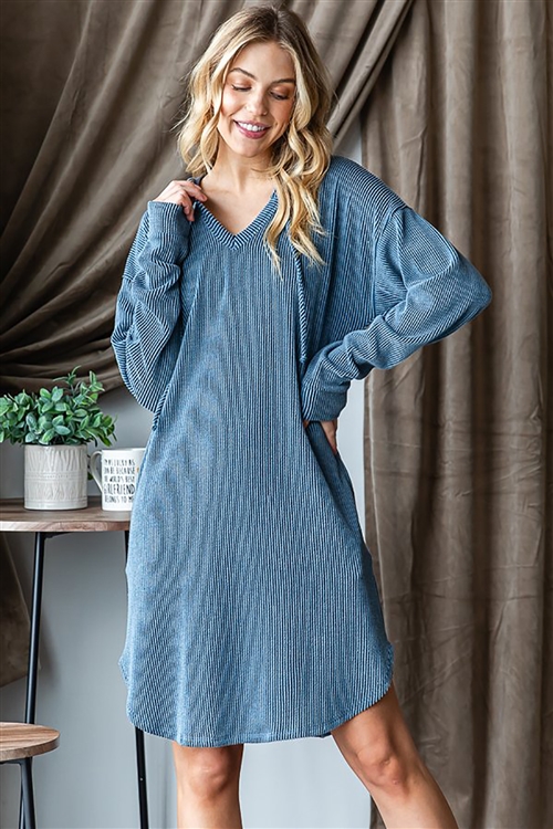 HM-ED6850-10X-DKDNM-PLUS SIZE LONG PUFF SLEEVE V NECK DRAWSTRING HOOD SOLID URBAN RIBBED HOODIE MINI DRESS-DK DENIM-2-2-2