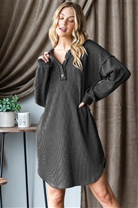 HM-ED6851-10-CH-LONG PUFF SLEEVE ROUND NECK SOLID URBAN RIBBED MINI DRESS W/ ROUND HEM & SIDE POCKET-CHARCOAL-2-2-2