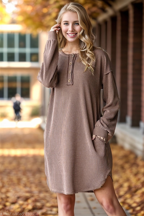 HM-ED6851-10-CML-LONG PUFF SLEEVE ROUND NECK SOLID URBAN RIBBED MINI DRESS W/ ROUND HEM & SIDE POCKET-CAMEL-2-2-2