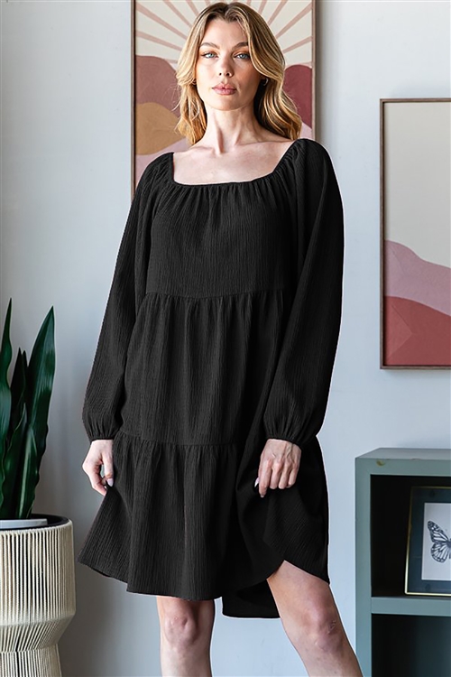 HM-ED6857-10-BK-LONG PUFF SLEEVE SQUARE NECK SOLID TIERED DRESS WITH SHIRRING DETAIL-BLACK-2-2-2