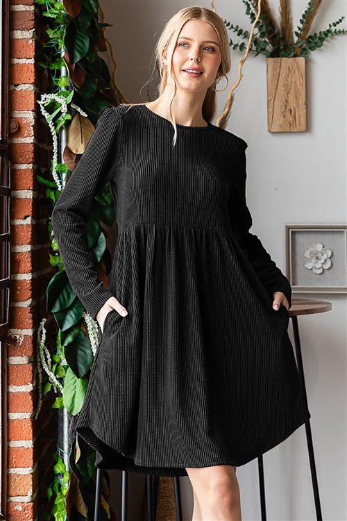 HM-ED6861-10-BK-LONG SLEEVE ROUND NECK SOLID URBAN RIBBED BABYDOLL MINI DRESS W/ SIDE POCKET-BLACK-2-2-2