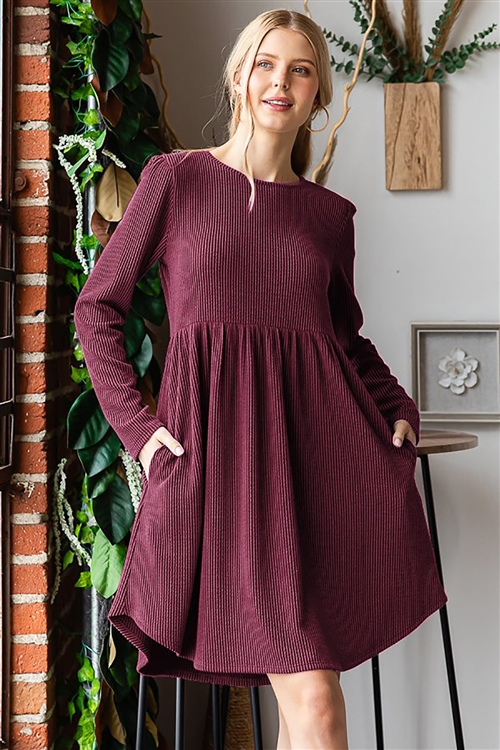 HM-ED6861-10-BU-LONG SLEEVE ROUND NECK SOLID URBAN RIBBED BABYDOLL MINI DRESS W/ SIDE POCKET-BURGUNDY-2-2-2