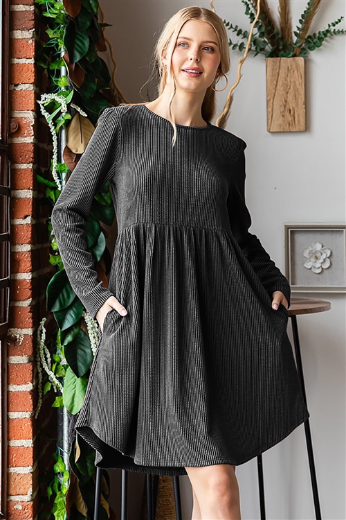 HM-ED6861-10-CH-LONG SLEEVE ROUND NECK SOLID URBAN RIBBED BABYDOLL MINI DRESS W/ SIDE POCKET-CHARCOAL-2-2-2