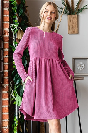 HM-ED6861-10-HPK-LONG SLEEVE ROUND NECK SOLID URBAN RIBBED BABYDOLL MINI DRESS W/ SIDE POCKET-HOT PINK-2-2-2