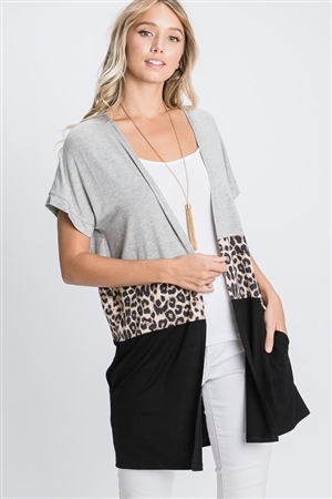 S35-1-1-HM-EJ6100-10-HGY - ANIMAL LEOPARD PRINT AND SOLID CONTRAST OPEN CARDIGAN- HEATHER GREY 2-2-2