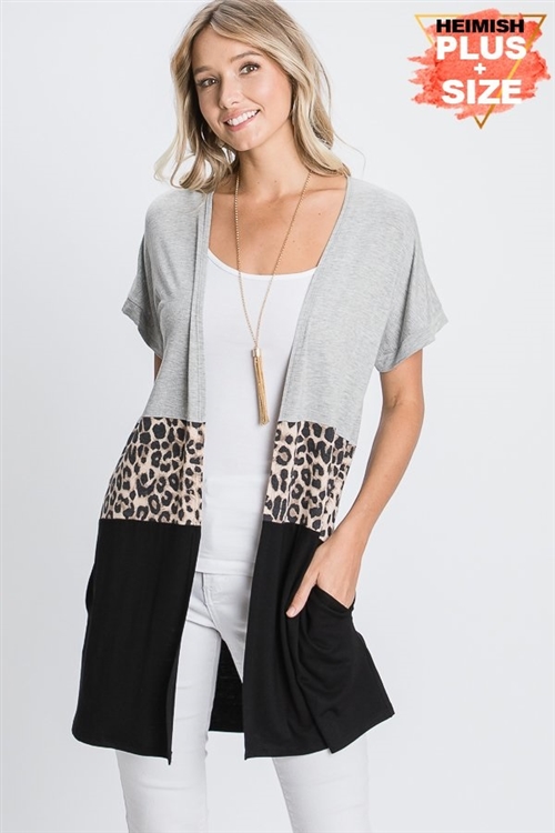 S35-1-1-HM-EJ6100-10X-HGY - PLUS SIZE ANIMAL LEOPARD PRINT AND SOLID CONTRAST OPEN CARDIGAN- HEATHER GREY 2-2-2