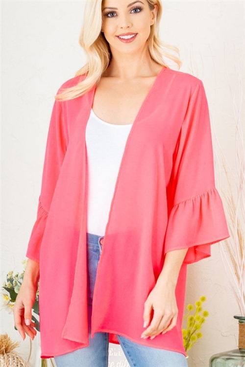 S35-1-1-HM-EJ6101S-NPK - RUFFLED THREE QUARTER SLEEVE SOLID OPEN CARDIGAN- NEON PINK 2-2-2