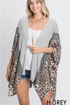 S35-1-1-HM-EJ6102-10-HGY - ANIMAL LEOPARD PRINT AND SOLID CONTRAST DRAPED CARDIGAN- HEATHER GREY 2-2-2